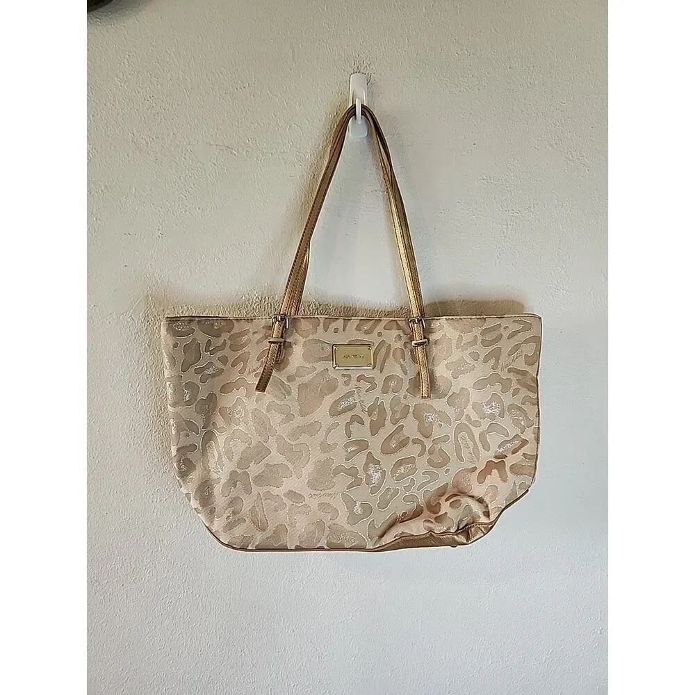 Nine West Vintage Y2K Leopard Print Tote Bag Shoulder Bag Beige Tan Canvas